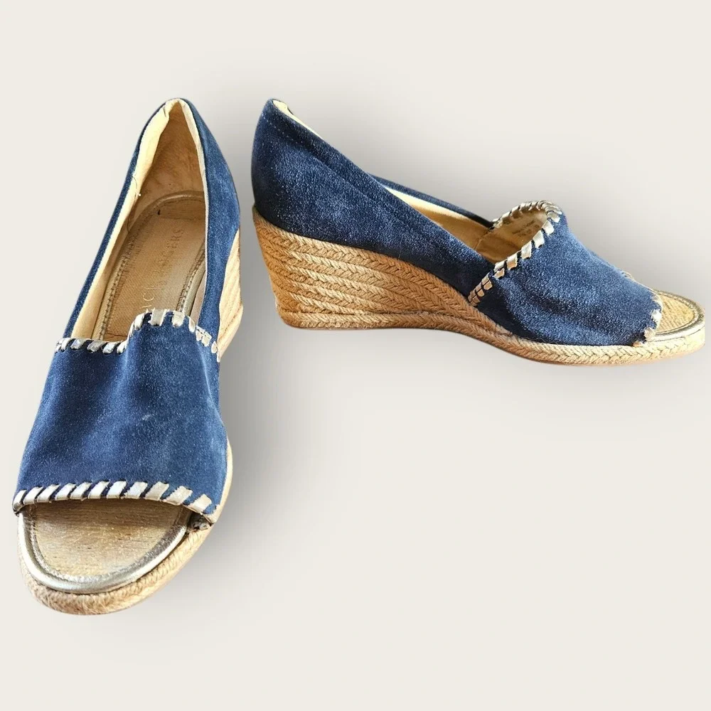 Jack Rogers Palmer Suede Espadrille Wedge‎ Sandals Blue Gold Trim Size 7.5M